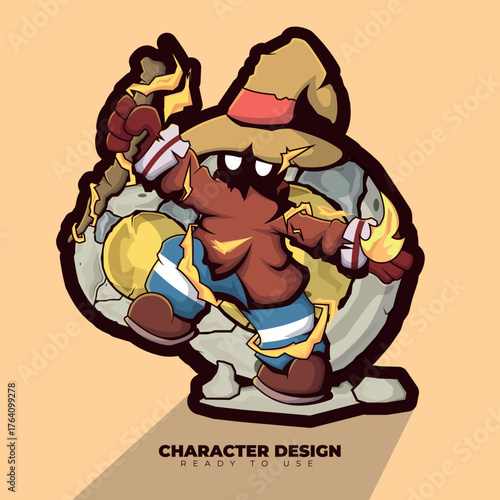 Character fire light wizard with a magic wand