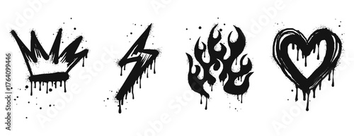 Spray painted graffiti Crown, thunder, fire flame, heart and flash. Design element drip symbol. isolated on white background. vector illustration