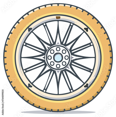 Illustrated illustration of a bicycle wheel with a beige tire, and silver spokes and hub