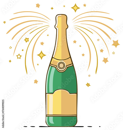 Festive green champagne bottle illustration with sparkling golden burst and stars symbolizing celebration success and luxury
