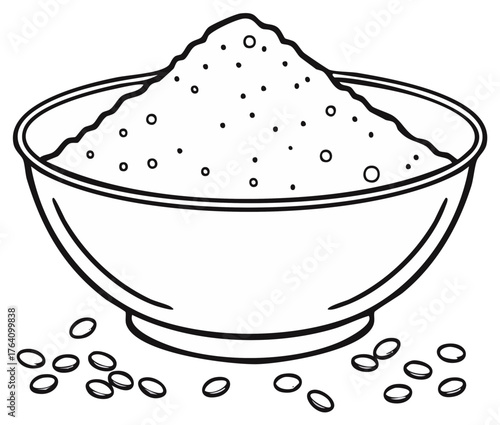 Outline illustration depicting a bowl overflowing with flour with seeds scattered around the bowl
