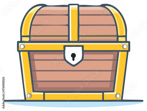 Stylized wooden treasure chest with golden accents and keyhole icon, vector illustration of a classic pirate's loot box