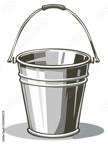 Shiny metal bucket with a handle, classic empty pail vector illustration