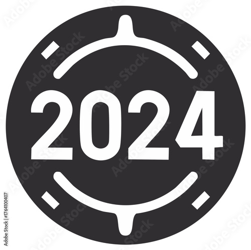 Bold 2024 year number icon in a dark circle with white pointers and markings symbolizing new beginnings and time