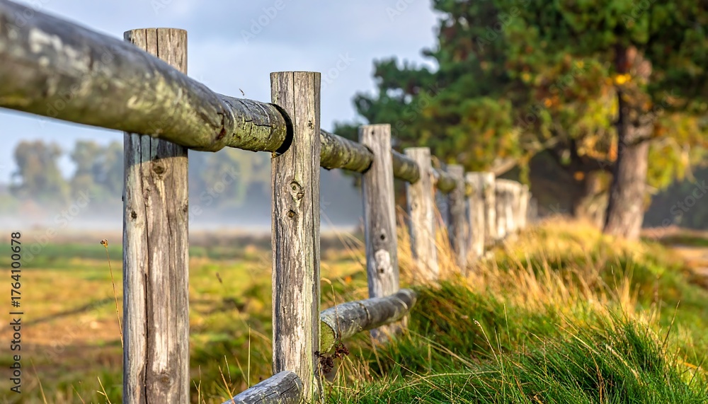 Fototapeta premium A weathered wooden fence stretches through a green field on a hazy morning