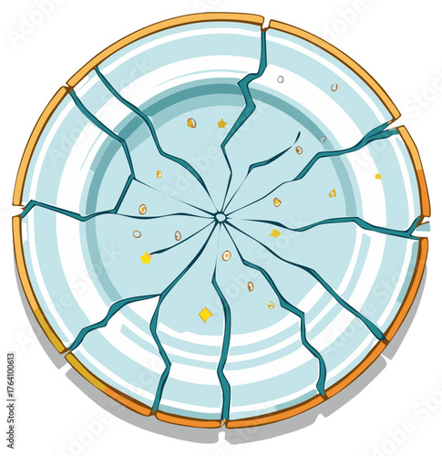 Broken ceramic plate shattered into numerous pieces fragile object concept