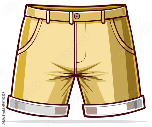 Simple illustration of tan chino shorts with cuffed hems and a single button