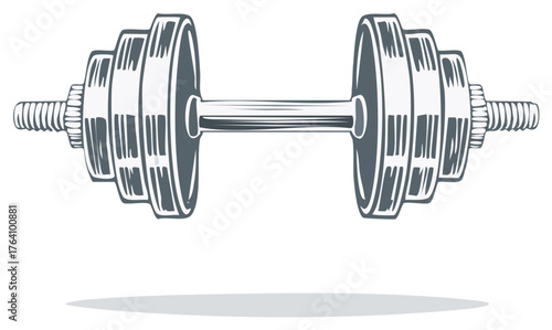 Symmetrical dumbbell with weight plates, fitness equipment illustration, strength training workout gear