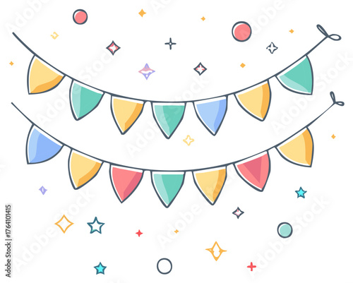 Festive triangle flag banner garlands with whimsical stars for party decoration and celebration