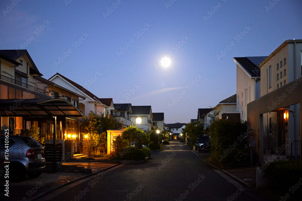 Obraz premium 夜の静かな住宅街の家網