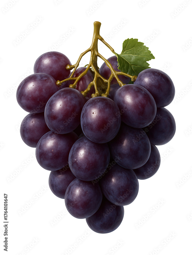 Fototapeta premium Bunch of plump, purple grapes with prominent vine tendrils.