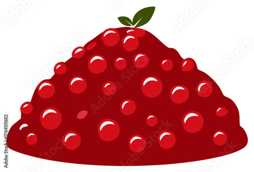 Red stylized illustration of what appears to be a fruit or berry with green leaves