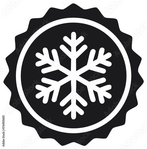 Snowflake design in round seal with jagged edge, winter and cold weather icon