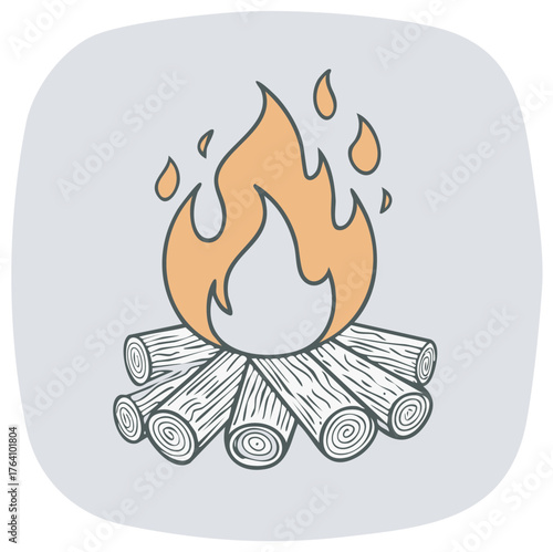 Stylized Campfire Illustration with Burning Logs and Flames, Decorative Light Background