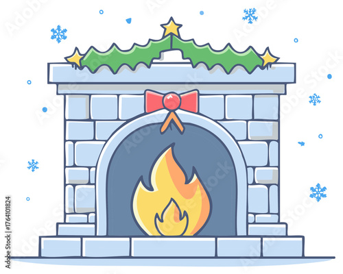 Festive Christmas fireplace illustration with a warm fire garland and falling snow