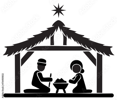 Simple black silhouette icon of the Christian Christmas nativity scene with figures in a manger under the star