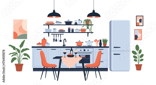 Modern Kitchen Interior with Dining Area and Appliances.