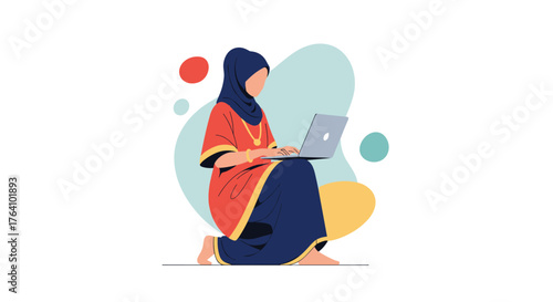 Muslim woman in hijab sitting and working on a laptop computer illustration.
