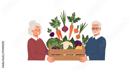 Elderly couple holding a crate of fresh vegetables.