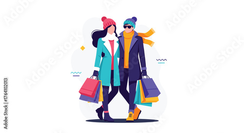 Couple walking together in winter clothes with shopping bags.