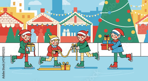 Festive Elves Ice Skating with Christmas Presents.