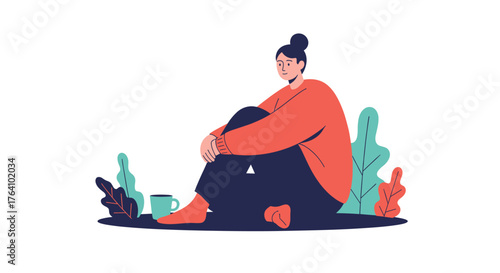 Woman Sitting with Knees Hugged, Surrounded by Plants, Feeling Down.