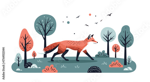 A detailed illustration of a red fox walking through a forest.