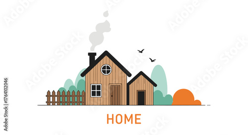 Cozy Home Illustration with Smoke and Birds in a Peaceful Setting.