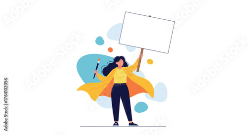 Woman with Sign and Cape - Empowered Activist Holding Blank Board and Pen.