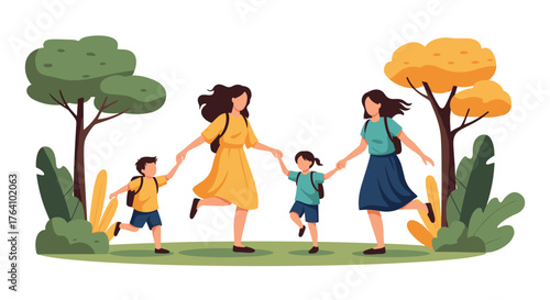 Happy lesbian couple with their son and daughter walking together.