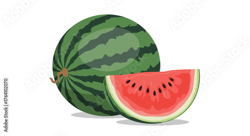 Whole ripe watermelon with a juicy red slice isolated on white.