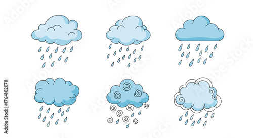 Collection of Cartoon Rain Clouds with Falling Raindrops.