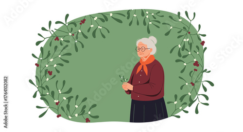 Elderly woman holding a plant inside a green floral frame.
