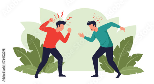 Two angry men arguing and fighting with each other in conflict.