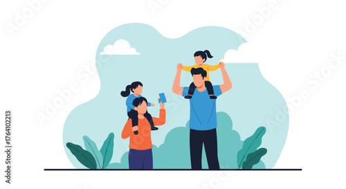 Happy family enjoying a day out with children on shoulders.