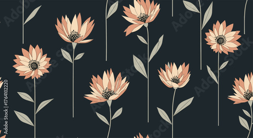 Elegant Floral Pattern with Delicate Peach Flowers on Dark Background.