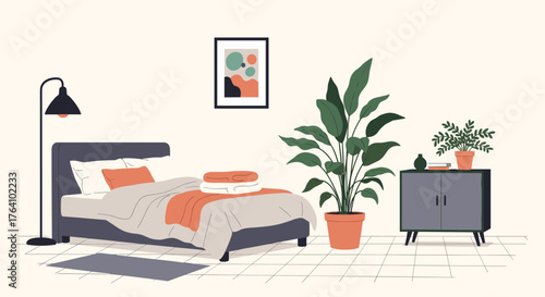Stylish modern bedroom interior with bed lamp and houseplants illustration.