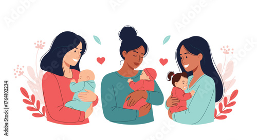 Three mothers lovingly holding their babies, a heartwarming illustration of motherhood.