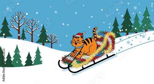 Cheerful Cartoon Cat Enjoying Sleigh Ride in Winter.