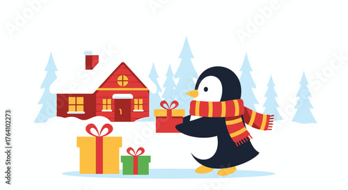 Festive Penguin Delivering Gifts Near a House.
