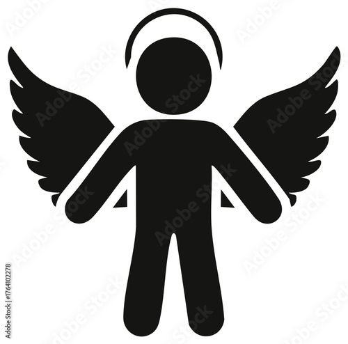 Icon of an Angel with Wings and Halo in Simple Black Silhouette Shape