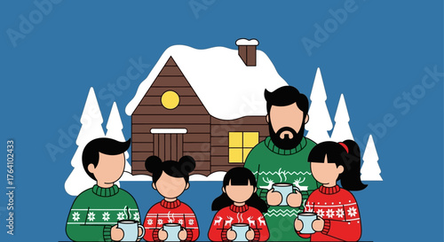 Family Enjoying Hot Drinks in Winter Scene.