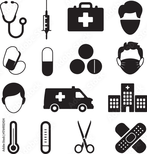 Collection of medical icons bundle including stethoscope ambulance hospital 