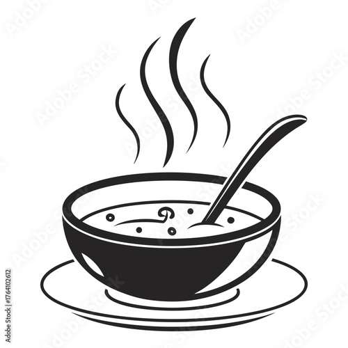 Bowl of hot soup with spoon, black and white