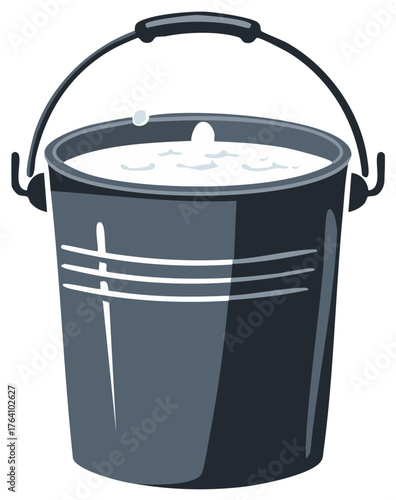 Grey metallic bucket full of water or soap suds with bubbles and carrying handle isolated illustration