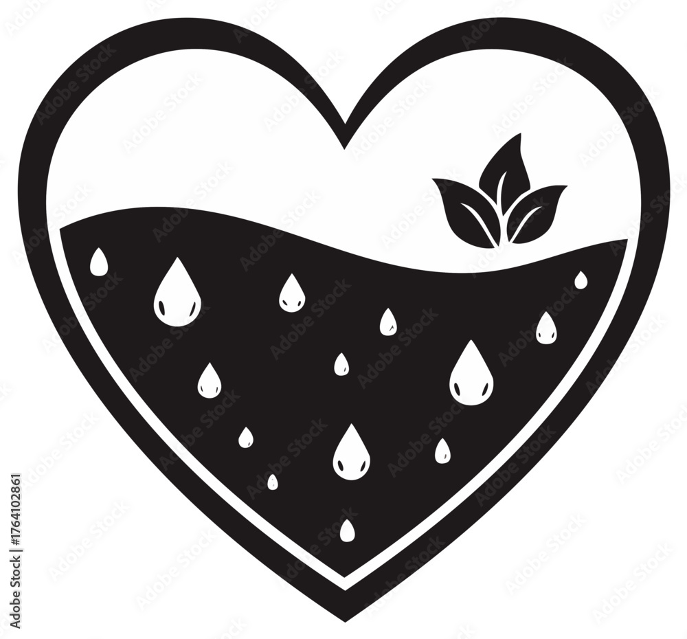 Obraz premium Simple heart silhouette with water and growing leaves, icon of ecology and natural health.