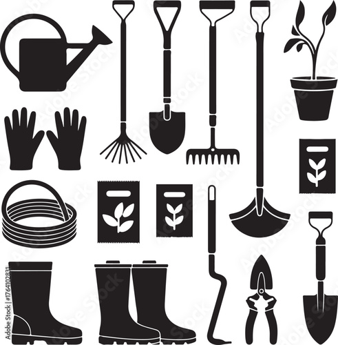 Gardening Tools Silhouette Vector Icons Bundle