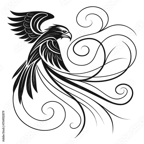 Elegant phoenix bird illustration with swirls
