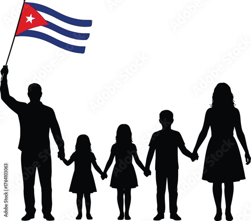 Silhouetted family holds hands beneath the Cuban flag symbolizing unity, heritage, and national pride in a moment of togetherness and cultural celebration