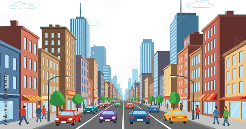 Vibrant city street scene with colorful cars and pedestrians creating a dynamic urban landscape for commercial or editorial use in city planning
